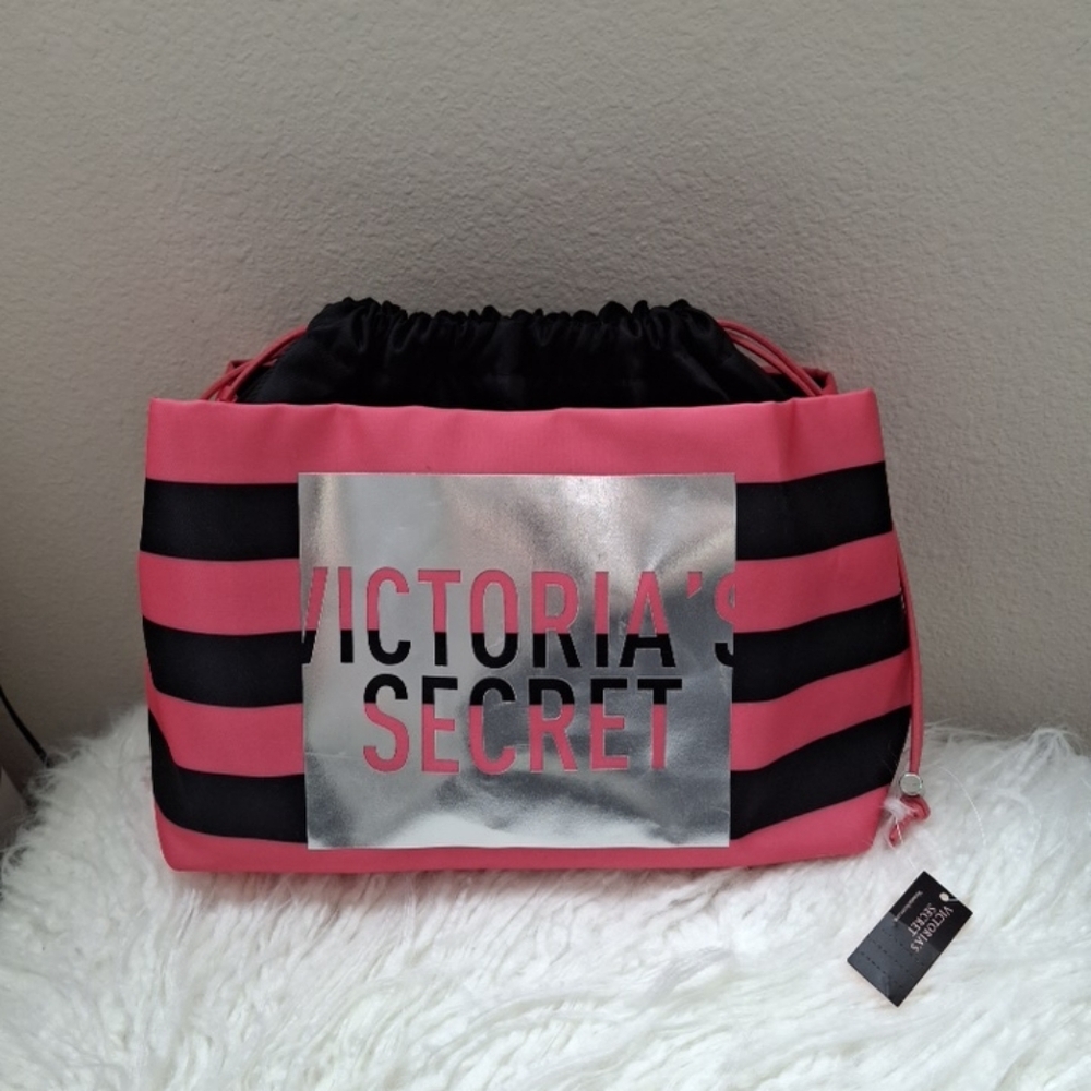 Victoria's Secret Pink & Black Striped Makeup Bag. New.